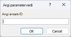 Viser et eksempel på en forventet dialogboksen Angi parameterverdi i Access, med en identifikator merket Angi ansatt-ID, et felt der du kan angi en verdi, og OK- og Avbryt-knapper.