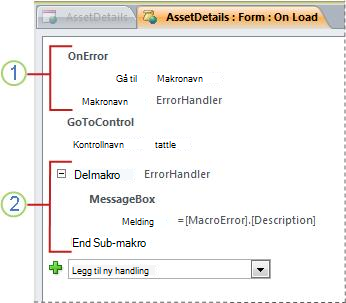 En makro som inneholder en delmakro for feilbehandling.
