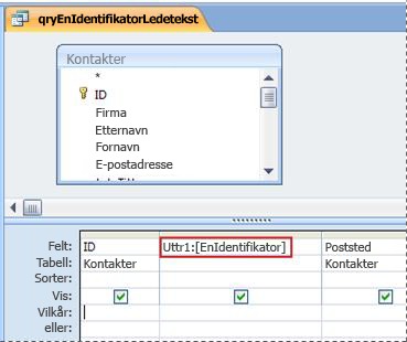 Spørring som inneholder et uttrykk som får dialogboksen Skriv inn parameterverdi til å vises