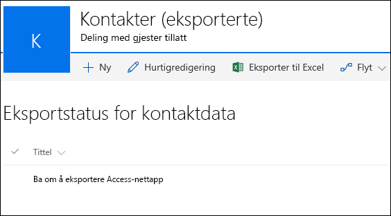 SharePoint-liste med oppføringstittel med forespørsel om å eksportere Access-nettappen