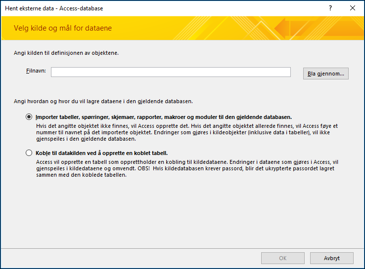 Skjermbilde av importveiviseren hent eksterne data – Access-database.