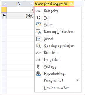 Skjermkodesnutt av Klikk for å legge til rullegardinmeny for datatype