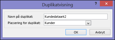 Dialogen for duplikatvisning viser navnet på og plasseringen til den dupliserte boksen.
