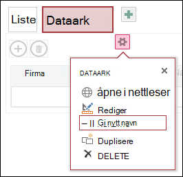 Innstillinger-menyen hvor du finner alternativene Åpne i nettleser, Rediger, Endre navn, Dupliser og Slett