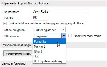 Innstillinger for Office tema
