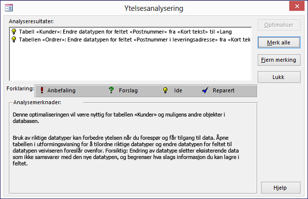 Dialogboks for Ytelsesanalyse-resultater etter kjøring på en Access-database.