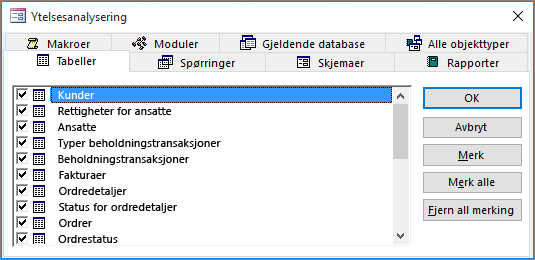 Dialogboksen Ytelsesanalysering i Access