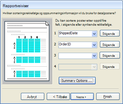 Sorteringsrekkefølger i rapportveiviser