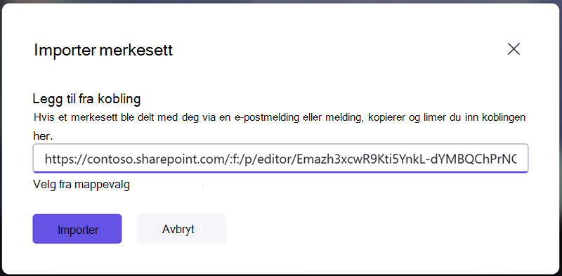 Importer en merkepakke ved å skrive inn en delingskobling du har mottatt fra noen andre.
