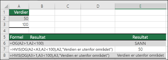 Eksempler på bruk av HVIS-funksjoner med OG