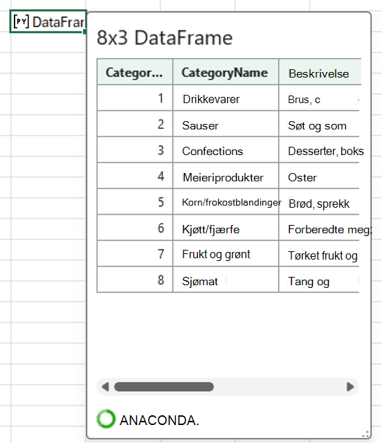 Et åpent Python-datarammekort i Excel som viser kategoridata.