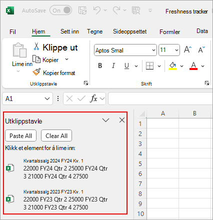 Skjermbilde som viser Excel-utklippstavlen med utklipp.