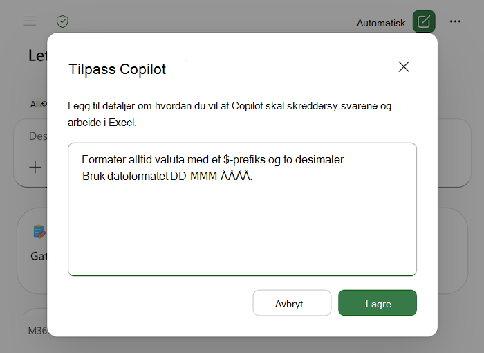 Skjermbilde av tilpassingsdialogboksen Copilot i Excel, inkludert eksempler i tekstområdet.
