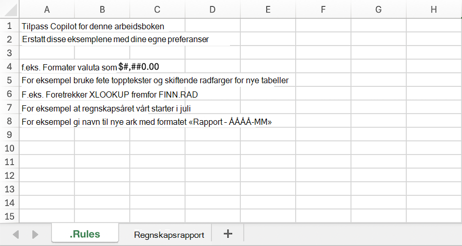 Skjermbilde av en Copilot i Excel-arbeidsbok med et eksempel . Regelregneark.