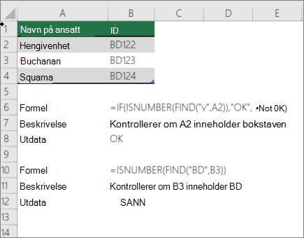 Et eksempel som bruker funksjonene HVIS, ERTALL og FINN for å kontrollere om en del av en celle samsvarer med bestemt tekst