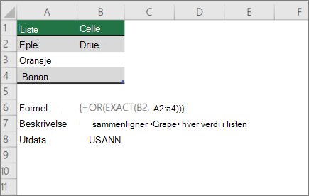 Et eksempel på bruk av ELLER- og EKSAKT-funksjoner for å sammenligne én verdi med en liste over verdier