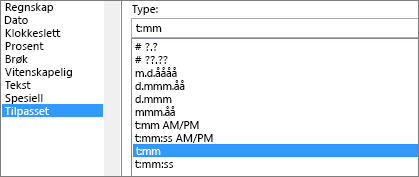 Dialogboksen formater celler, egendefinert kommando, h:mm type