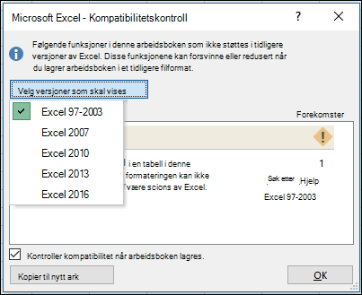 Dialogboks for Excel-kompatibilitetskontroll