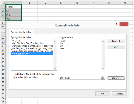 Dialogboksen Egendefinert liste fra Filalternativer >> : Avansert > generell > redigering av egendefinerte lister. For Excel 2007 klikk Office-knappen, Alternativer >> for Excel, Populære > Rediger egendefinerte lister.