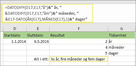 =DATODIFF(D17,E17,y)& år, &DATODIFF(D17,E17,ym)& måneder, &DATODIFF(D17,E17,md)& dager og resultat: 2 år, 4 måneder, 5 dager