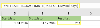 =NETT.ARBEIDSDAGER. INTL(D53,E53,1,MyHolidays) og resultat: 252
