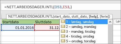 Intellisense-listen viser 2 – søndag, mandag; 3 – Mandag, tirsdag og så videre