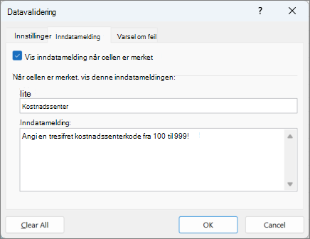 Innstillinger for inndatamelding i dialogboksen Datavalidering