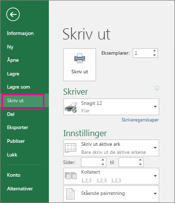 Klikk Skriv ut fil > for å forhåndsvise regnearket