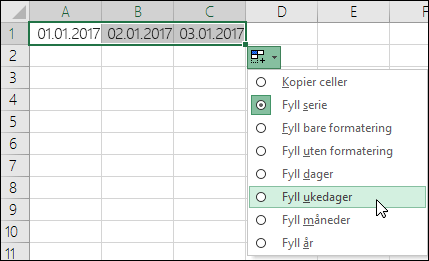 Bruke Fyllhåndtaket til å opprette en liste over sekvensielle datoer