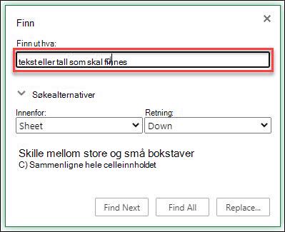 Finne tekst eller tall i en arbeidsbok eller et regneark ved å trykke Ctrl+F