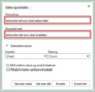 Erstatte tekst eller tall i en arbeidsbok eller et regneark ved å trykke Ctrl+H