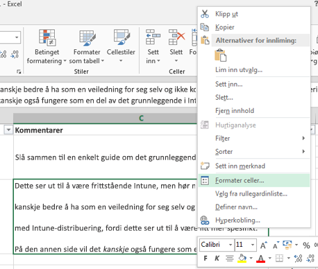 Klikk Formater celler på hurtigmenyen.