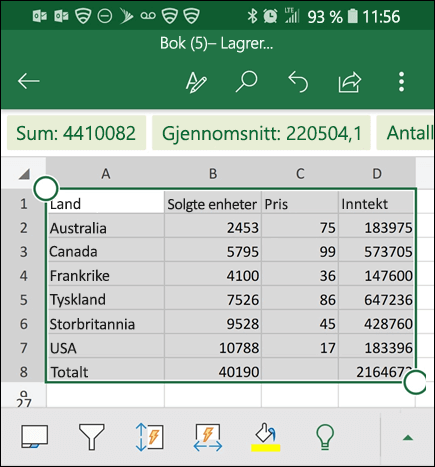 Dataene blir konvertert og returnert til rutenettet i Excel.