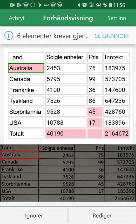 Du kan importere data fra et bilde i Excel og rette opp eventuelle problemer som oppdages når du konverterer dataene.