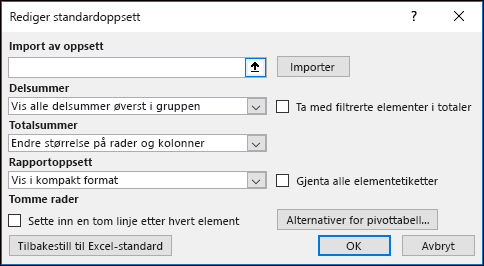 Standardalternativer for pivottabell
