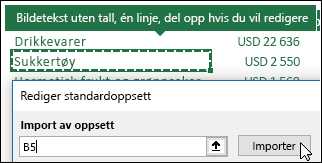Importere eksisterende innstillinger for pivottabell ved å merke alle pivottabeller og klikke på Importer