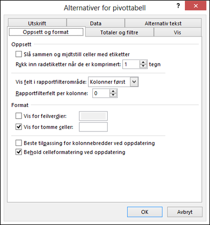 Dialogboks for Alternativer for pivottabell