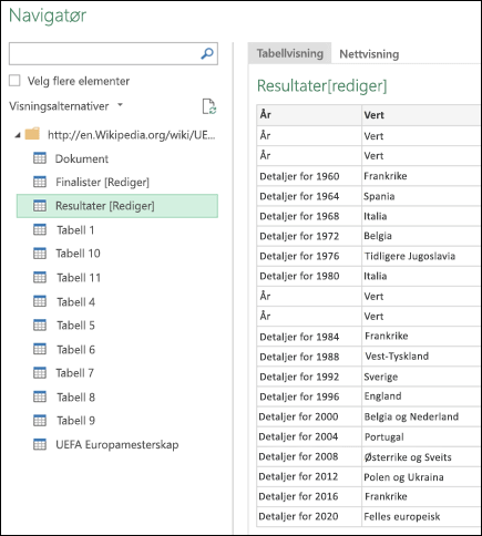 > Power Query fra tabellvisning for webnavigator >