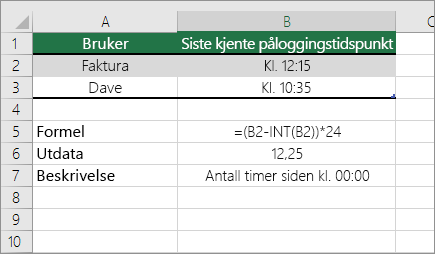 Eksempel: Konvertere timer fra standard tidsformat til et desimaltall