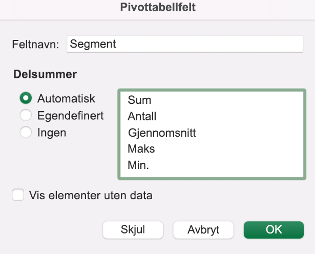 Legge til et pivottabellfelt