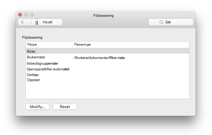 skjermbilde av innstillingspanelet for filplasseringer fra Microsoft Word