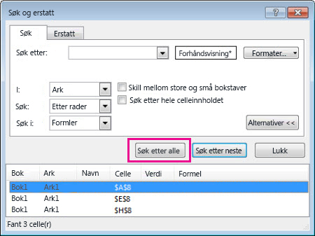 Søk etter alle sammenslåtte celler
