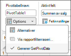 Skjermbilde av menyen Alternativer for pivottabell i Excel. Den øverste delen viser pivottabellnavn: Pivottabell1. Nedenfor er en rullegardinmeny merket Alternativer utvidet, og viser tre elementer: Alternativer, en nedtonet Vis rapportfiltersider ..., og et merket alternativ Generer GetPivotData.