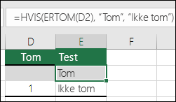 Formelen i celle E2 er =HVIS(D2=1,Ja,HVIS(D2=2,Nei,Kanskje))