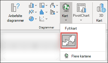 Hvis du vil sette inn et kartdiagram, merker du en celle i dataområdet, og deretter går du til Sett inn > diagrammer > og kart > og velger ikonet for fylt kart.