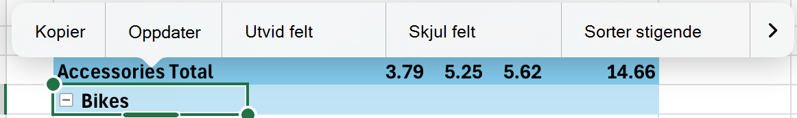 Vis eller skjul et pivottabellfelt på iPad via hurtigmenyen.