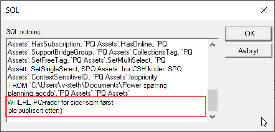 SQL-visning av MS Query med betoning av WHERE-setningen