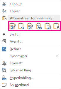 Knappegruppe med fem alternativer for å lime inn Excel-diagrammer i Word