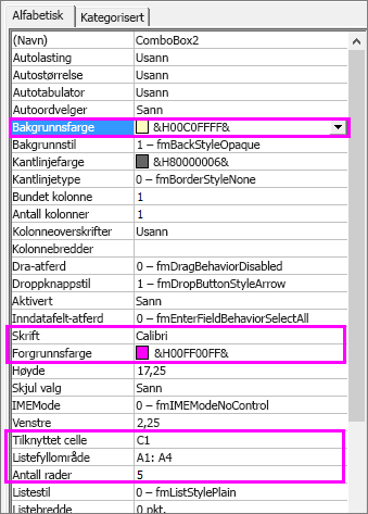 Innstillinger for egenskaper til ActiveX-kombinasjonsboks.