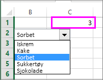 Koblede celler viser elementnummer når elementet er valgt.